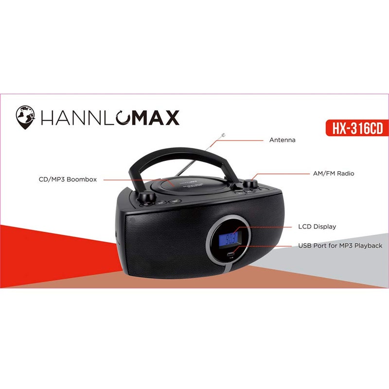 HANNLOMAX هاني لوماكس HX-316CD جهاز بومبوكس CD/MP3، راديو AM/FM، عرض تردد الراديو الرقمي، بلوتوث، منفذ USB لتشغيل MP3، شاشة LCD، مدخل Aux، مصدر طاقة AC/DC (أسود) - Image 3